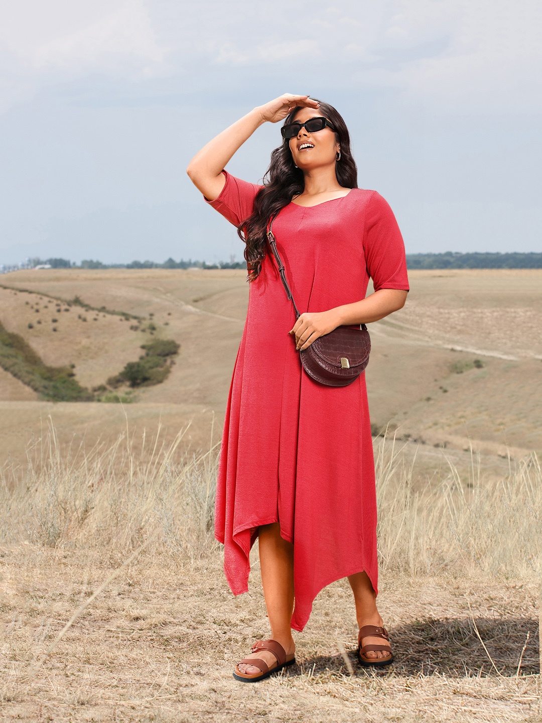 

Sztori Plus Size Asymmetric Hem A-Line Midi Dress, Rust