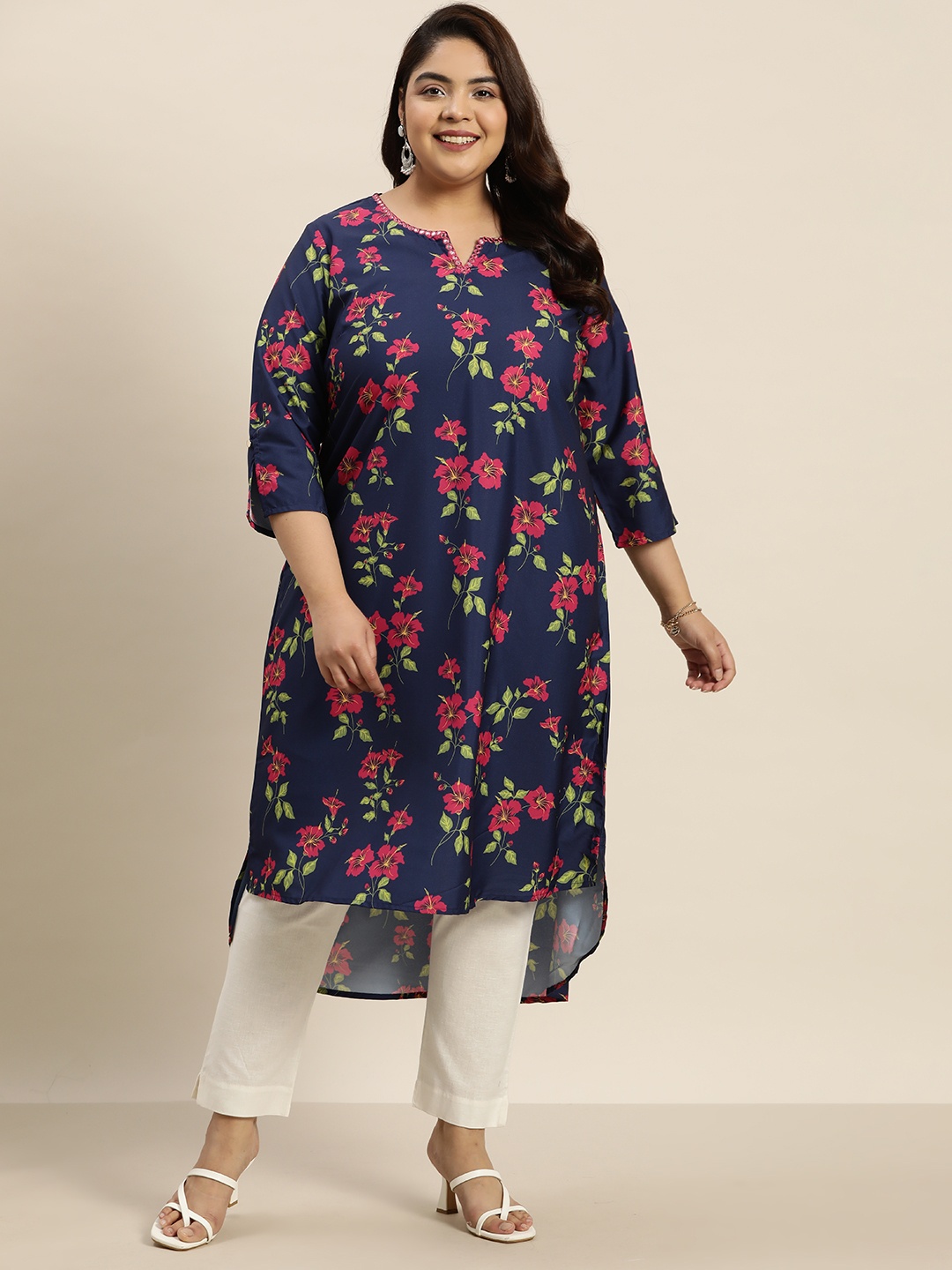 

Sztori Plus Size Floral Printed Mirror Work Detailed A-Line Kurta, Navy blue