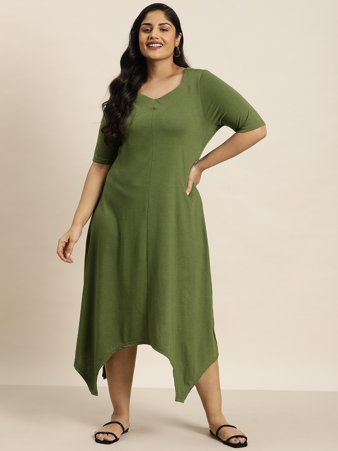 

Sztori Plus Size Asymmetric Hem A-Line Midi Dress, Olive