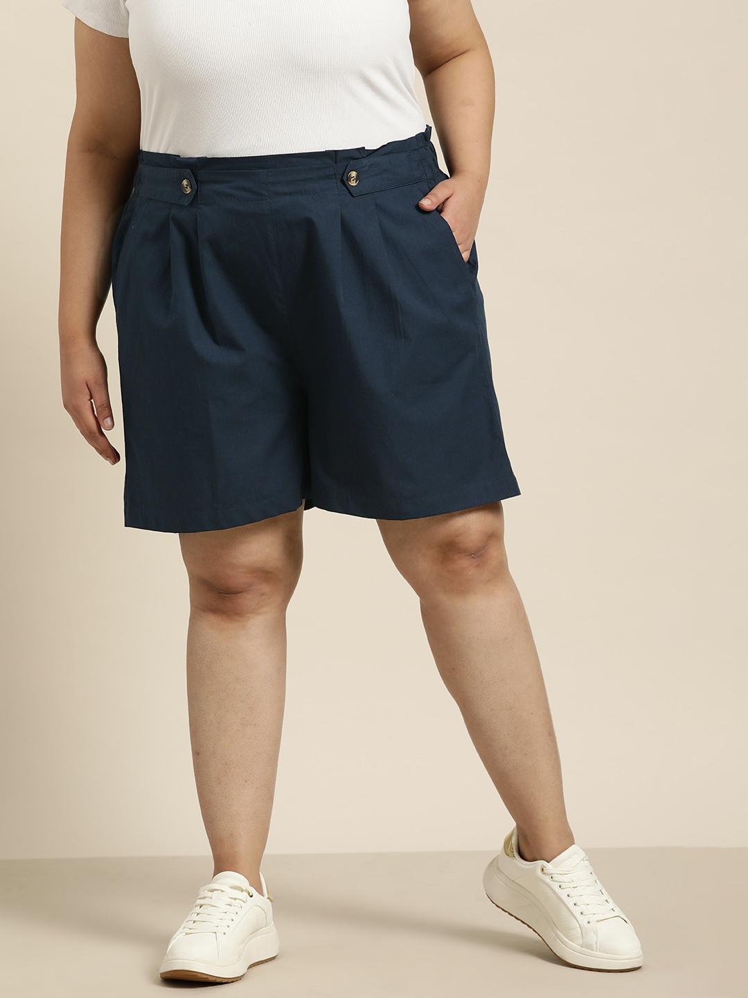 

Sztori Women Plus Size Pure Cotton Shorts, Navy blue
