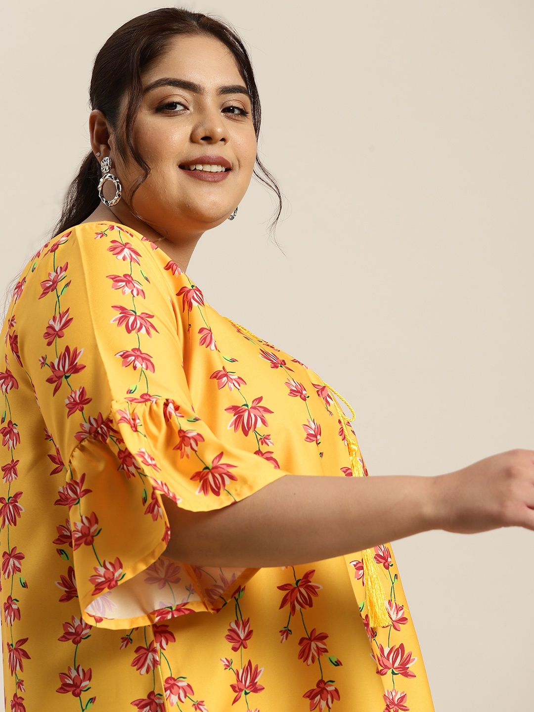 

Sztori Plus Size Ethnic Motifs Printed Flared Sleeves Short Kurti, Yellow