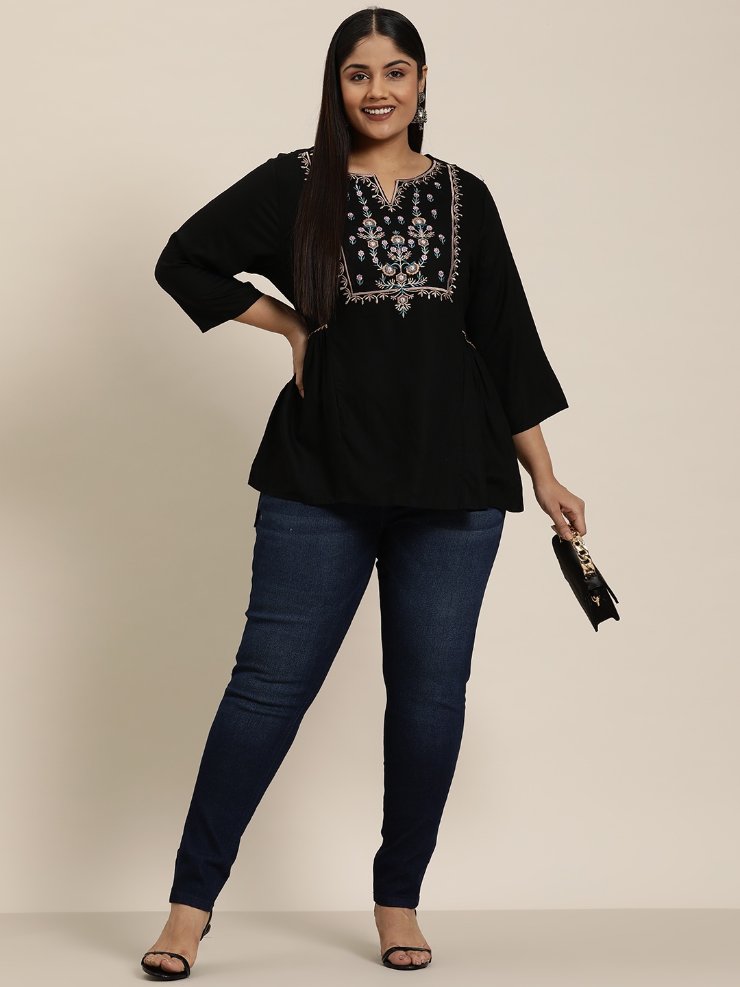 

Sztori Plus Size Floral Embroidered Pleated & Gotta Patti Detail A-Line Top, Black