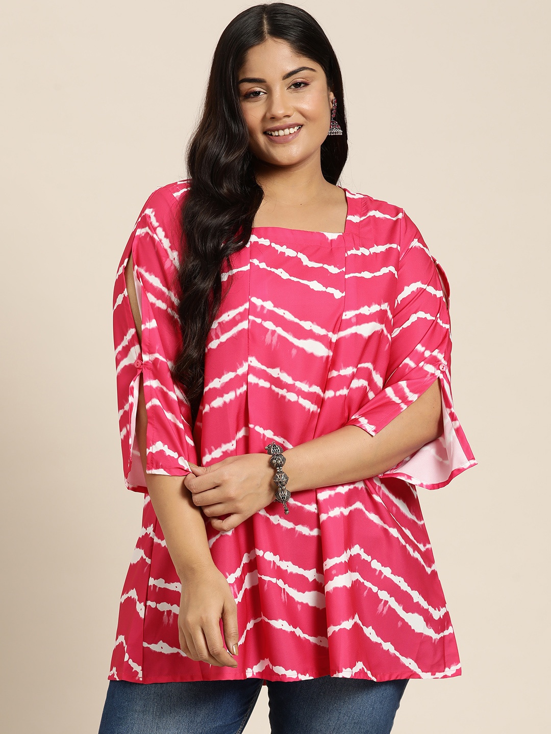 

Sztori Pink & White Dyed Square Neck Panelled Kurti