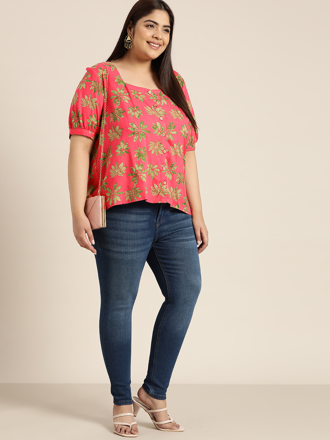 

Sztori Plus Size Leaf Print Square Neck Fusion Top, Pink