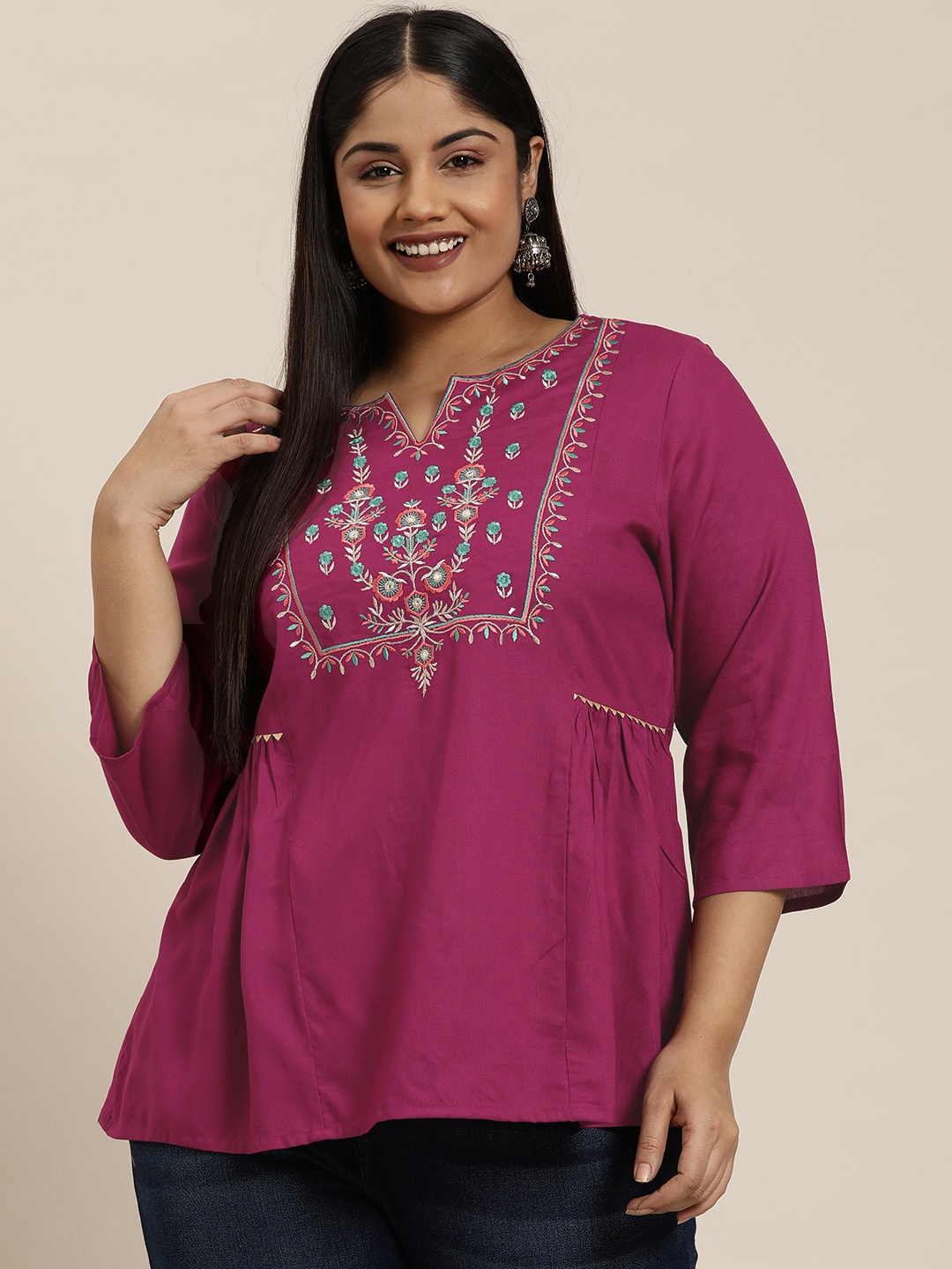 

Sztori Plus Size Floral Embroidered Pleated & Gotta Patti Detail A-Line Top, Pink