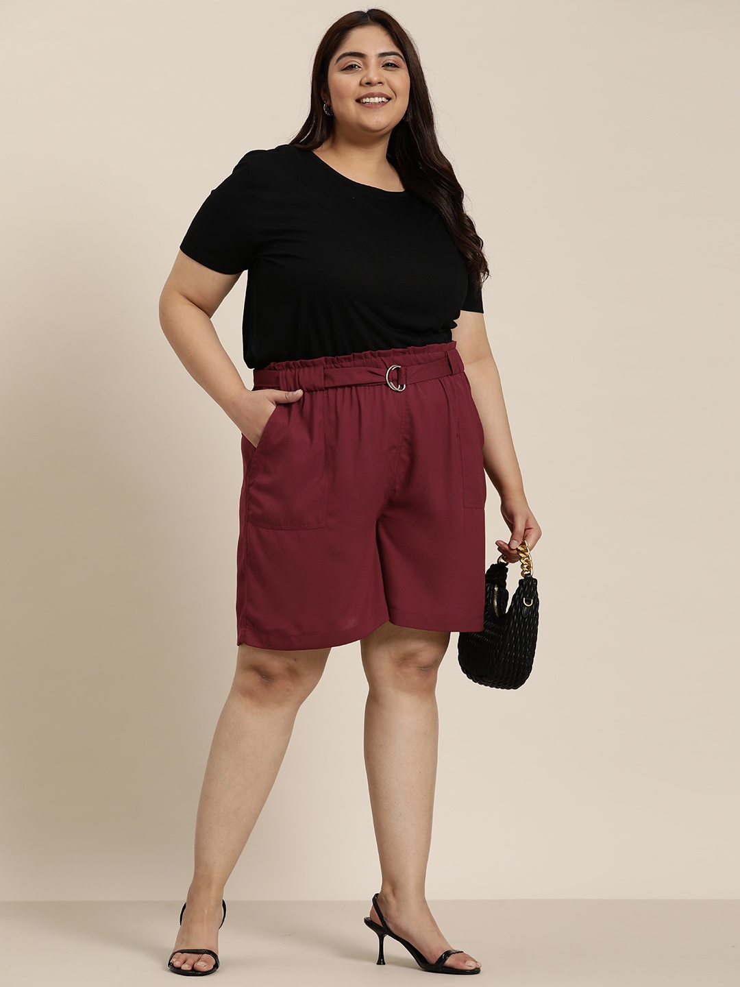 

Sztori Women Plus Size Shorts with Belt, Maroon