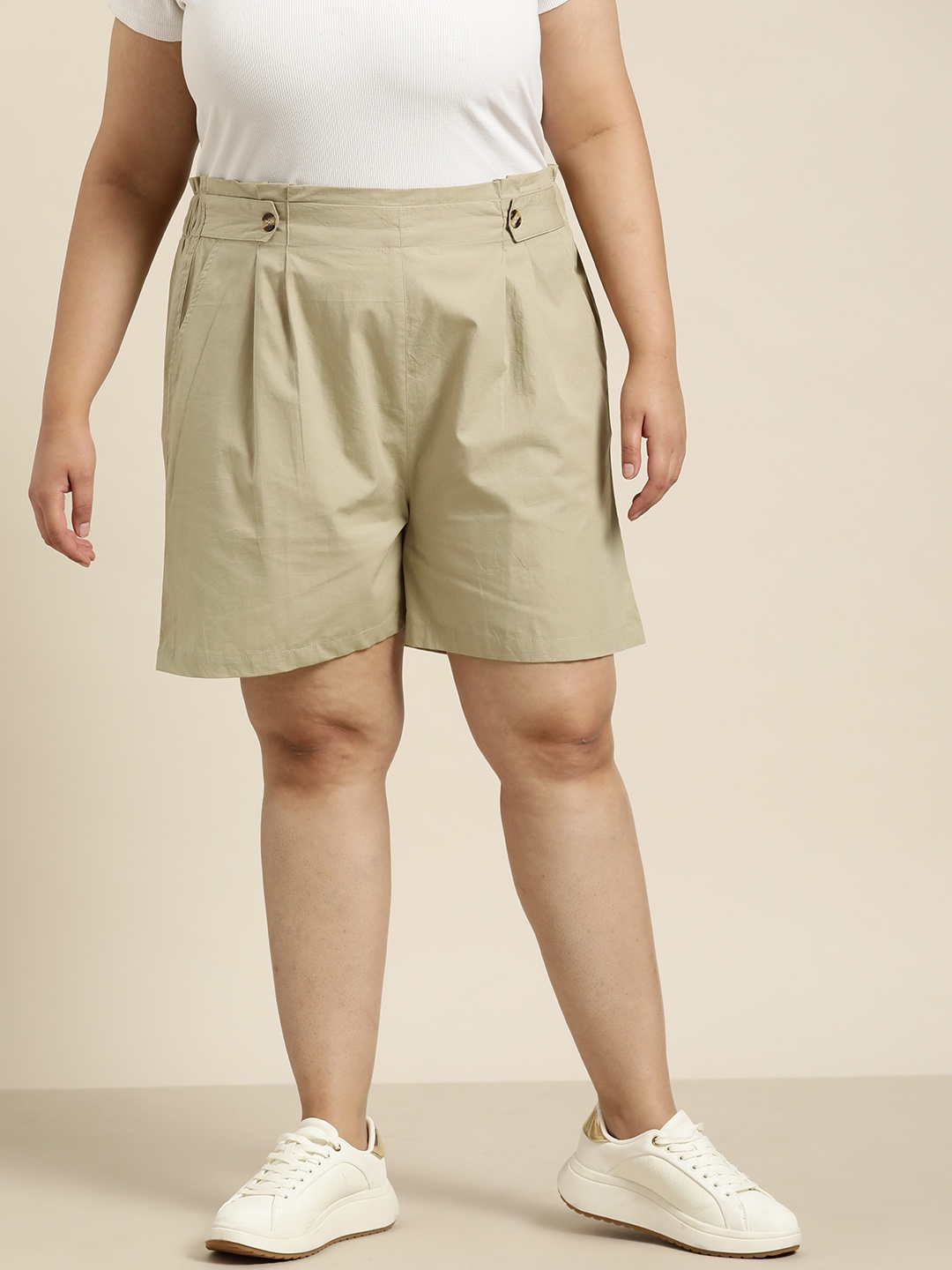 

Sztori Women Plus Size Pure Cotton Shorts, Beige