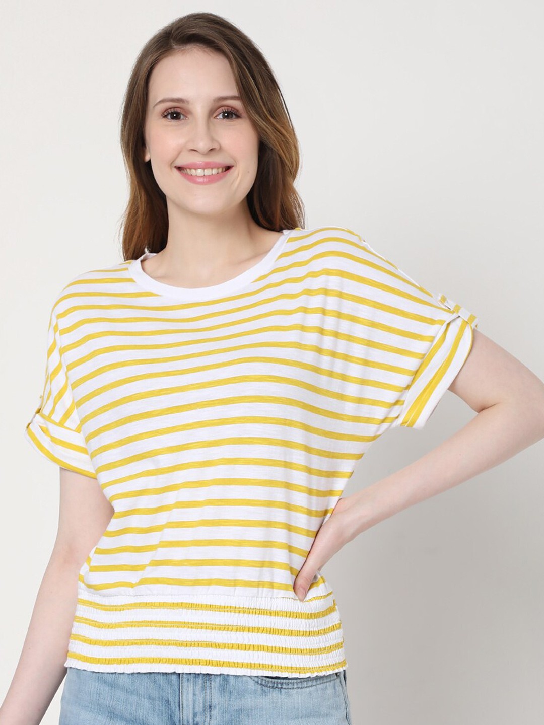 

Vero Moda Women Yellow Striped Extended Sleeves Cotton T-shirt