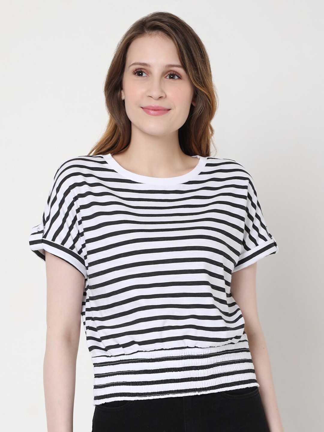 

Vero Moda Women Black Striped Extended Sleeves Cotton T-shirt