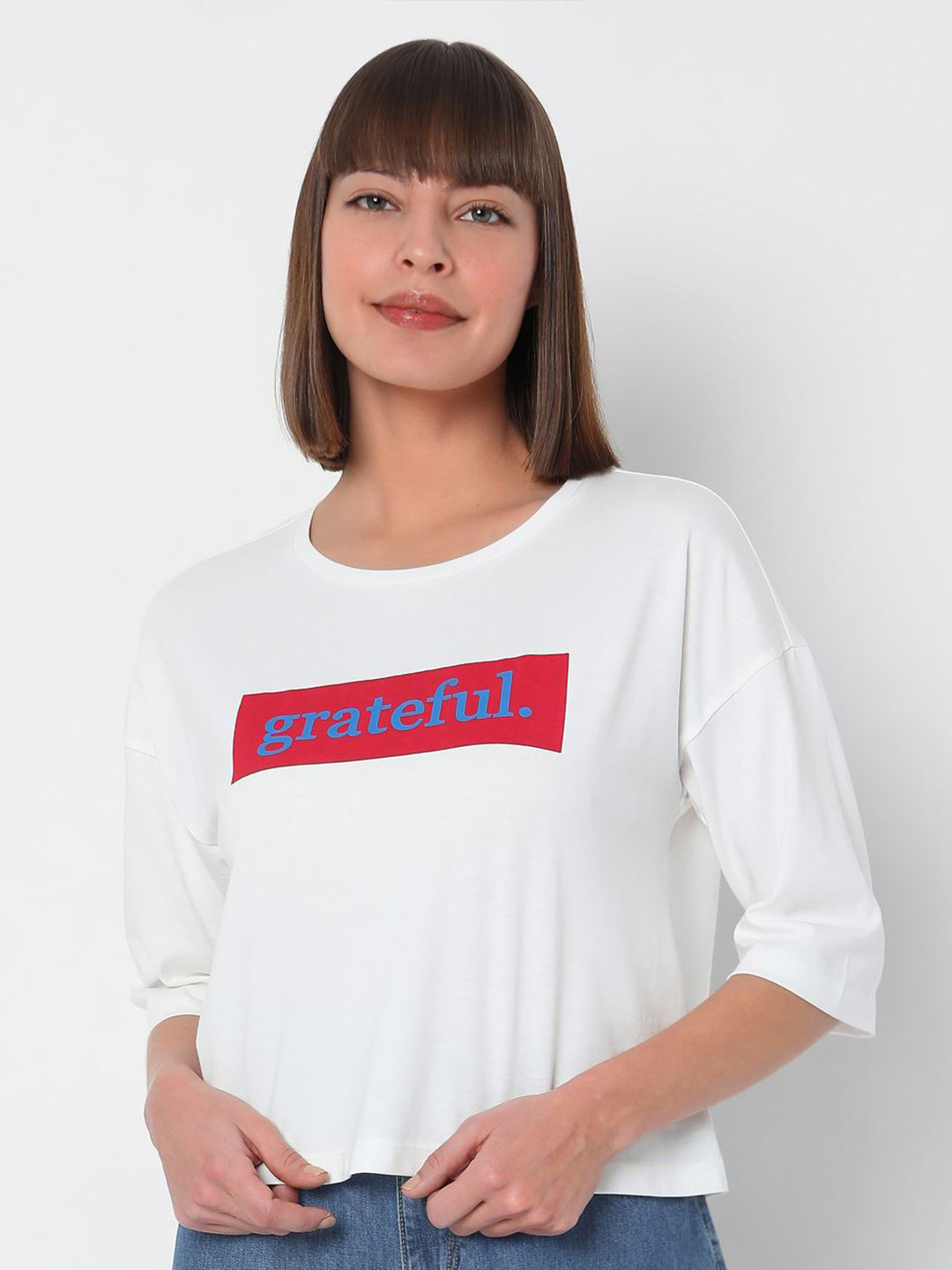 

Vero Moda Women White Typography Printed Cotton T-shirt