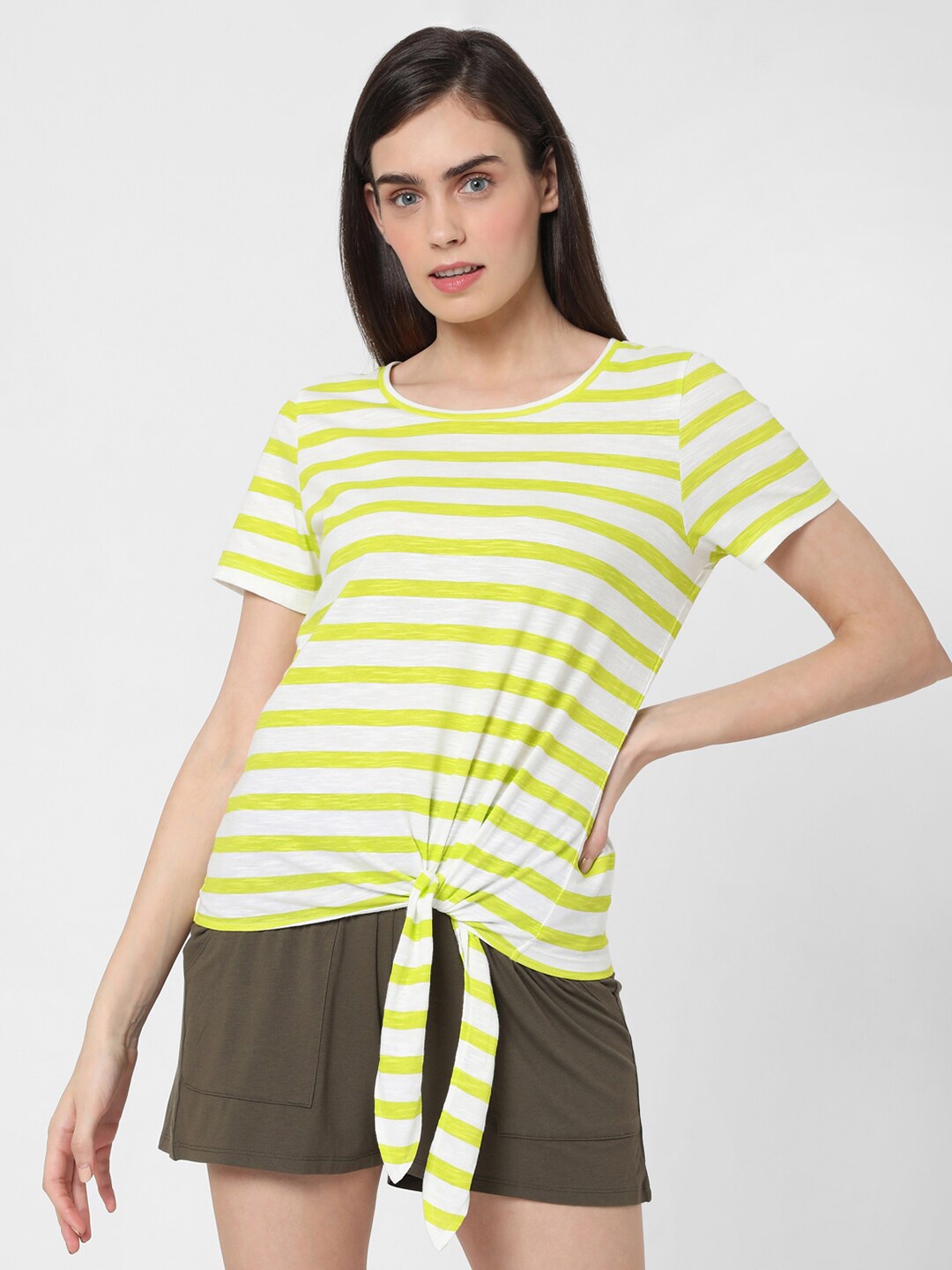 

Vero Moda Women Yellow Striped Cotton T-shirt