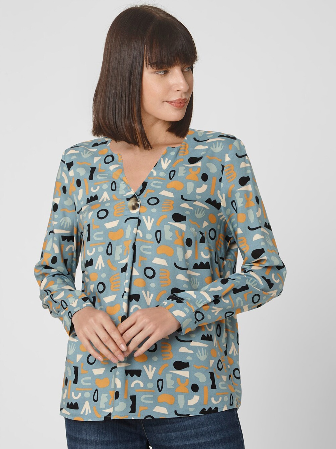 

Vero Moda VMMELINA LS Blue & Mustard Yellow Printed Shirt Style Top