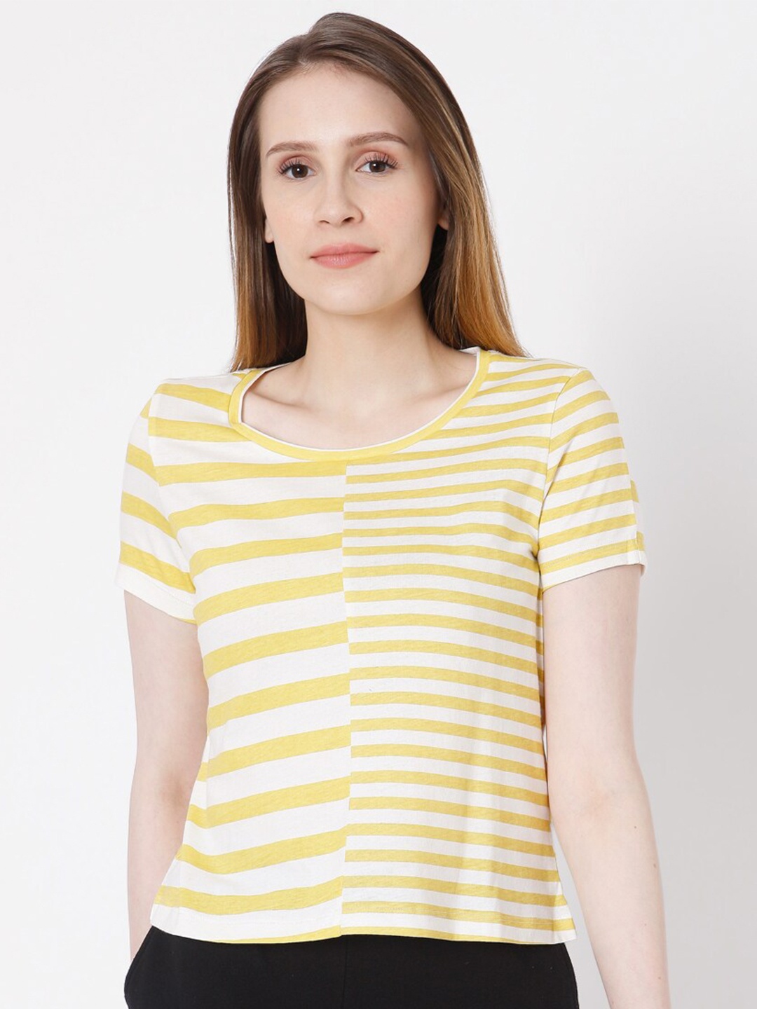 

Vero Moda Women Yellow Striped Cotton T-shirt