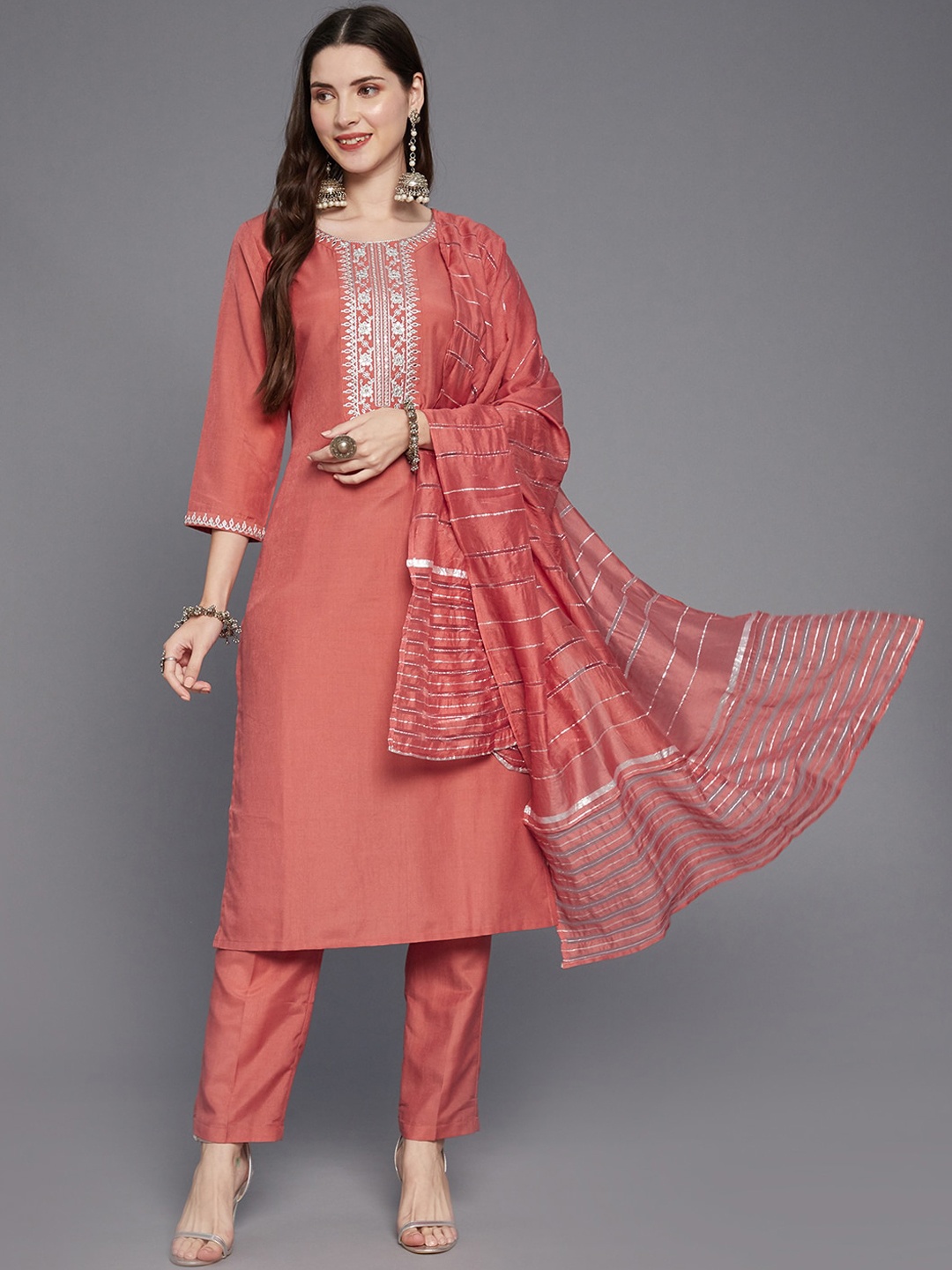 

Anubhutee Women Embroidered Mukaish Kurta with Trousers & Dupatta, Peach