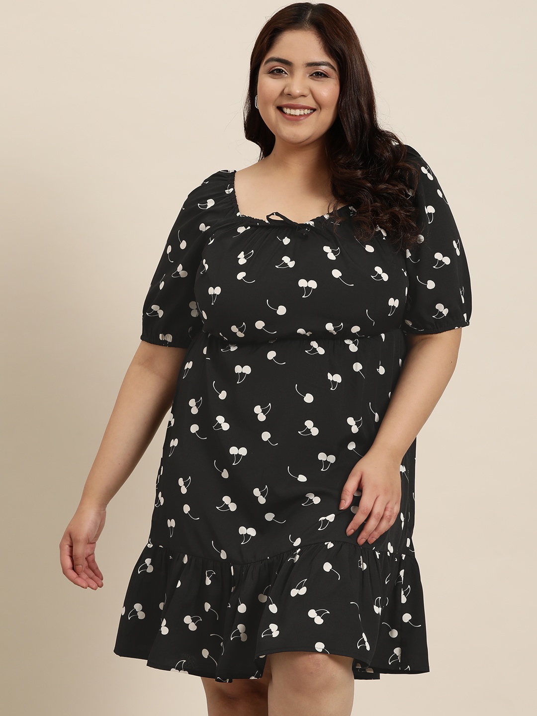 

Sztori Plus Size Women Print Puff Sleeve A-Line Midi Dress, Black