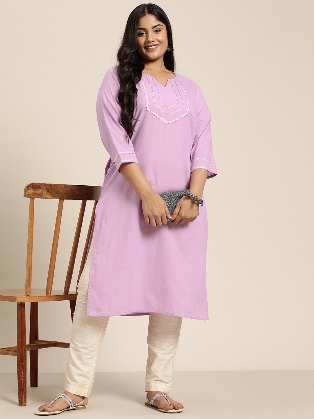 

Sztori Plus Size Gotta Patti Detailed Pure Cotton Straight Kurta, Lavender