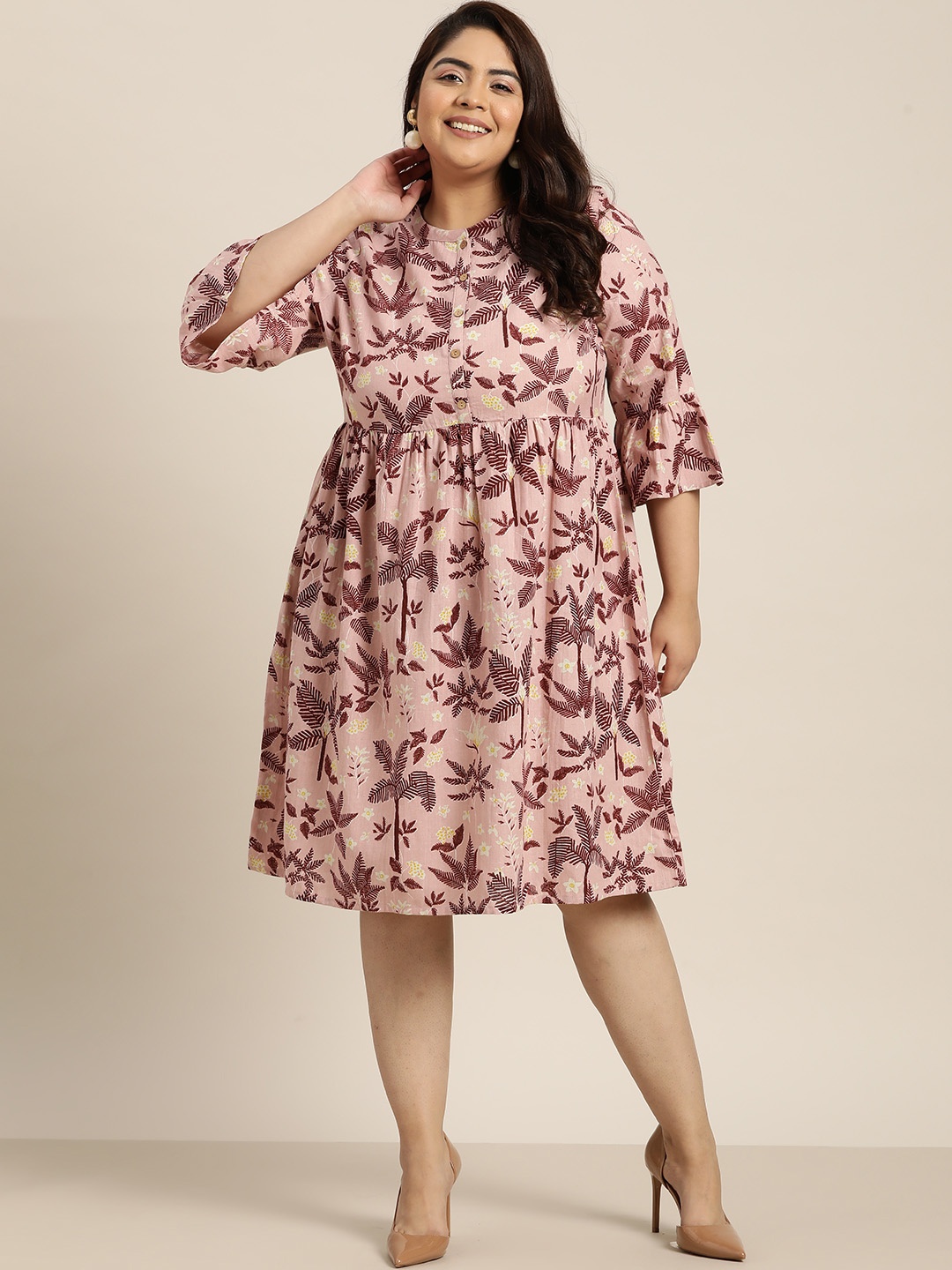 

Sztori Plus Size Printed Midi A-Line Dress, Pink