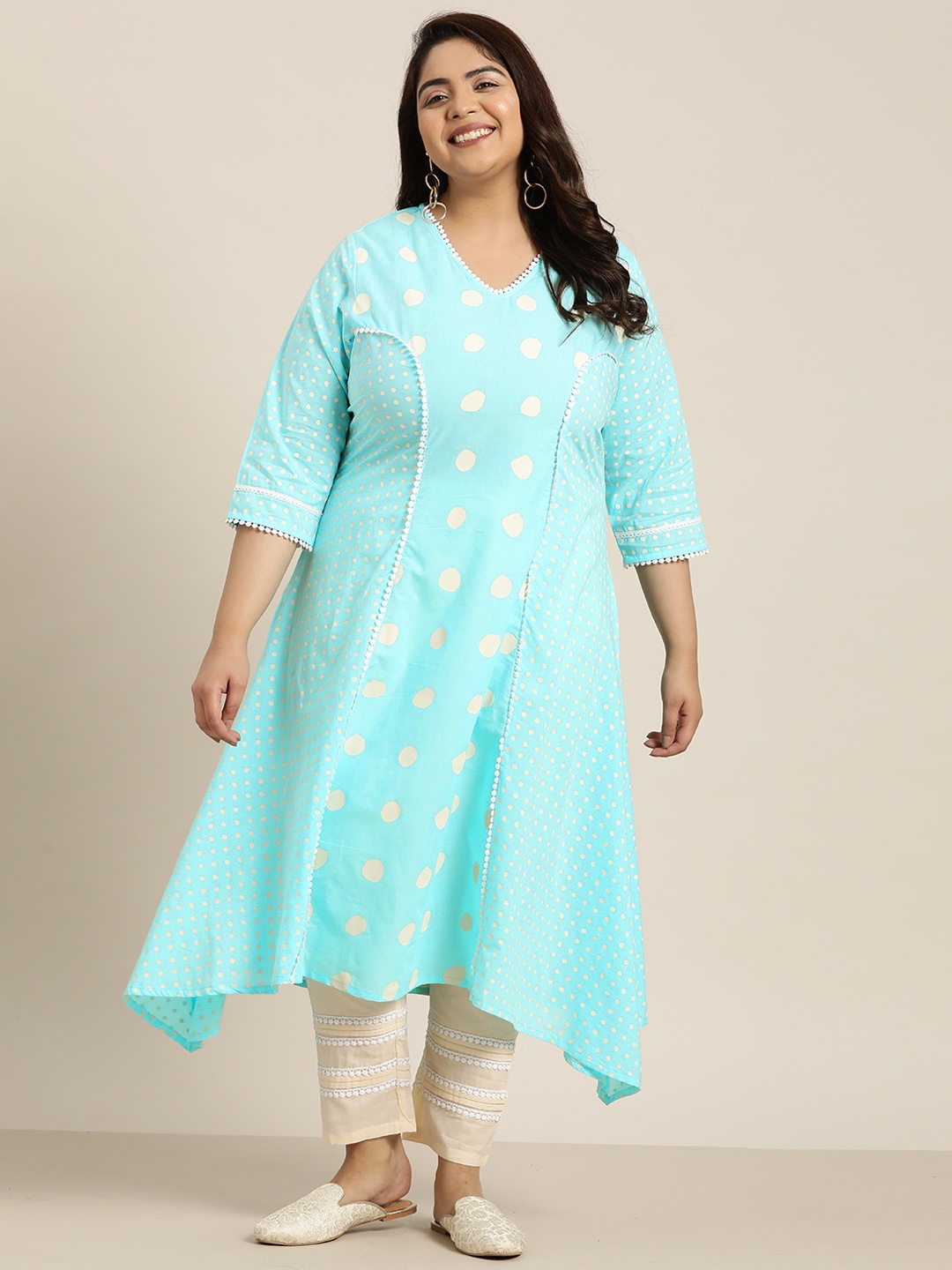 

Sztori Women Plus Size Printed Pure Cotton Kurta with Trousers, Blue