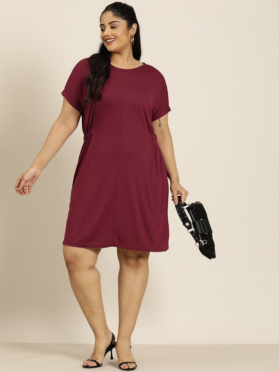 

Sztori Plus Size Solid A-Line Dress With Elasticated Sides, Maroon