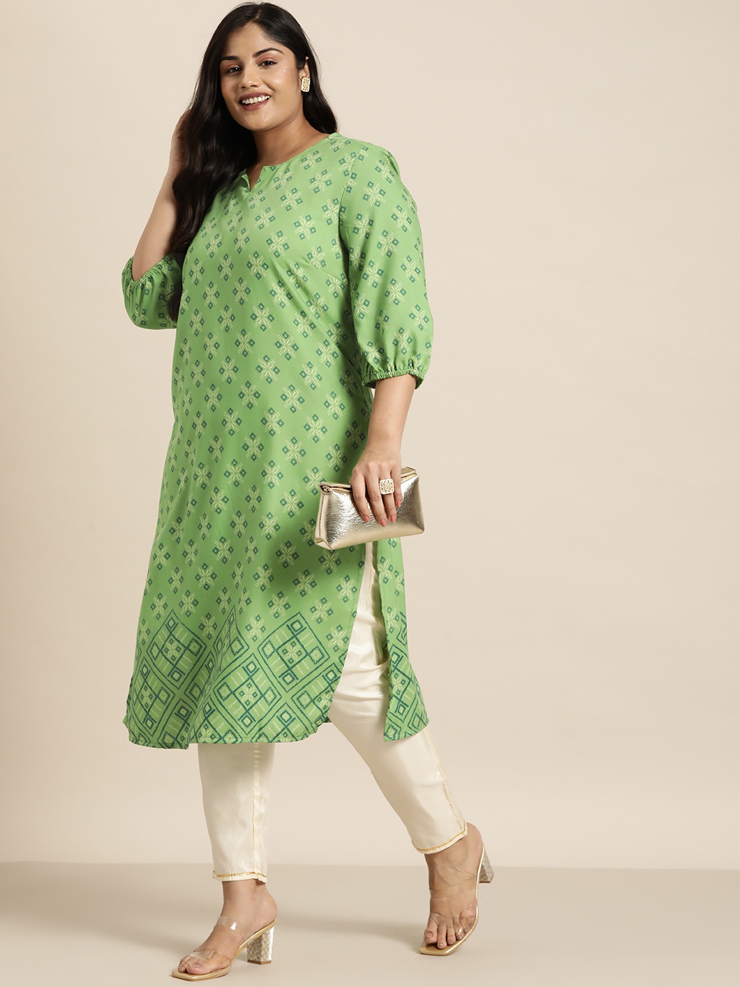 

Sztori Women Printed Puff Sleeves Ethnic Motifs Printed Straight Kurta, Green
