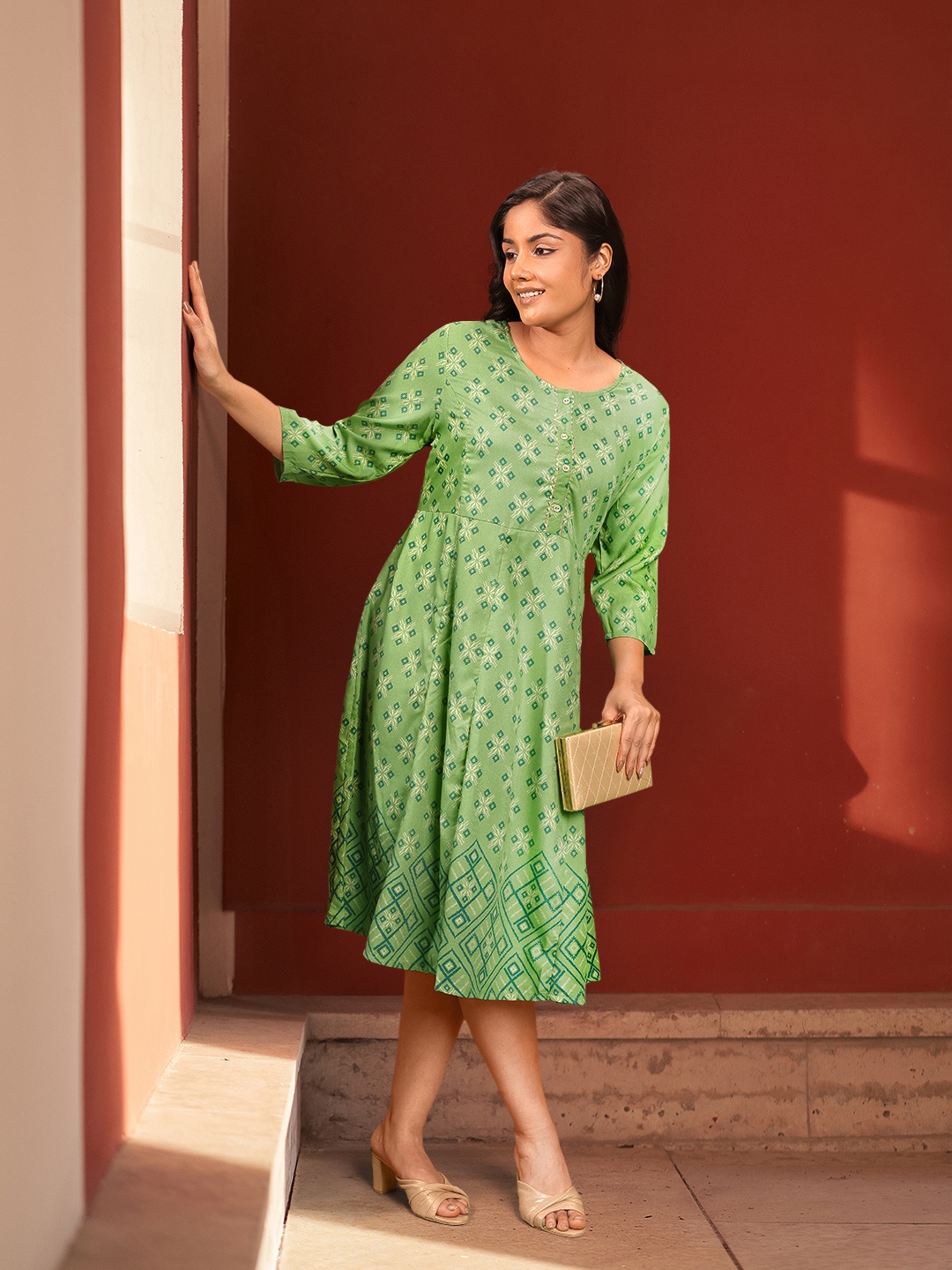 

Sztori Plus Size Printed Gotta Patti Tiered Midi Fit & Flare Dress, Green