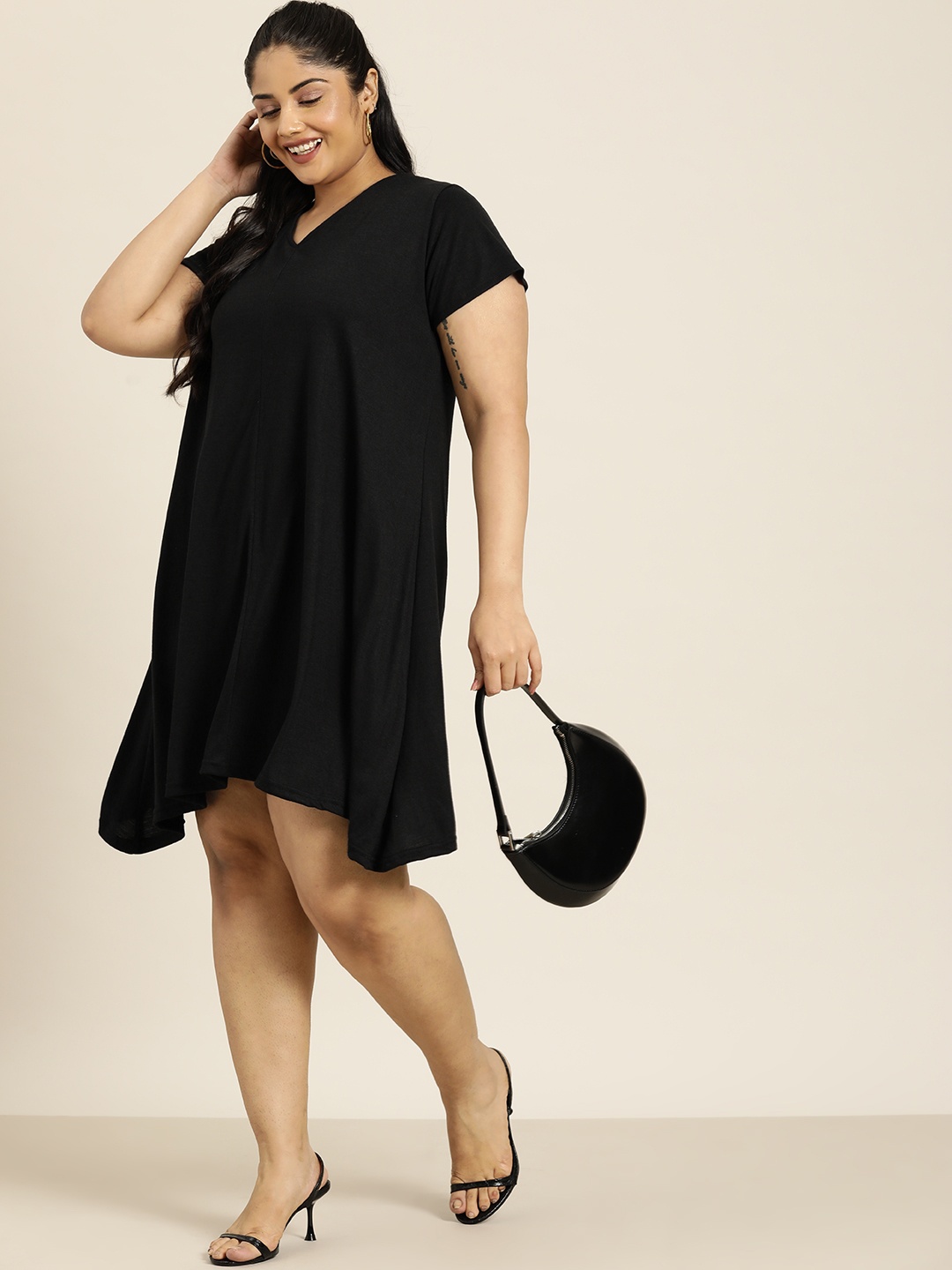 

Sztori Plus Size Solid Asymmetric Hem A-Line Dress With Back Tie-Up, Black