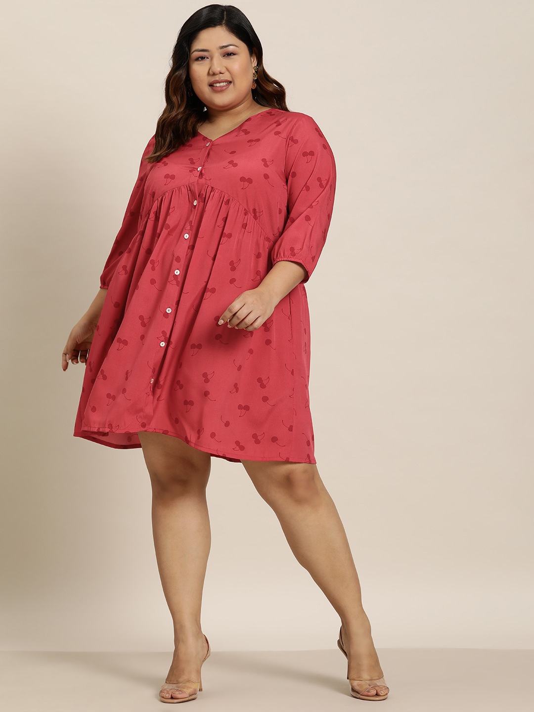 

Sztori Plus Size Front Open Printed A-Line Dress, Red