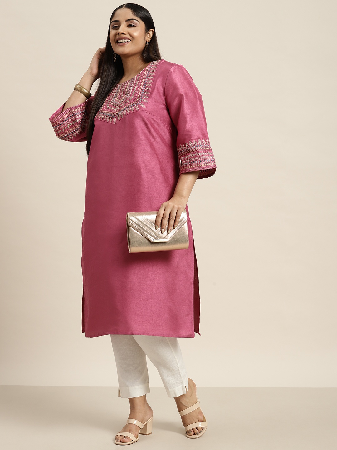 

Sztori Plus Size Ethnic Motifs Yoke Design Kurta, Pink