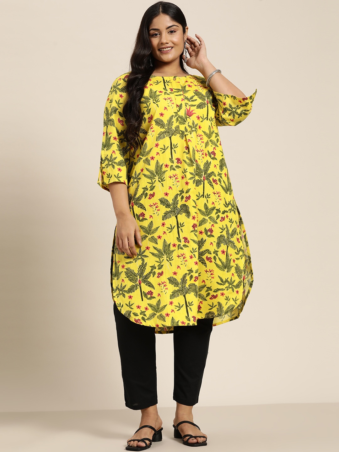 

Sztori Plus Size Floral Print Straight Kurta, Lime green