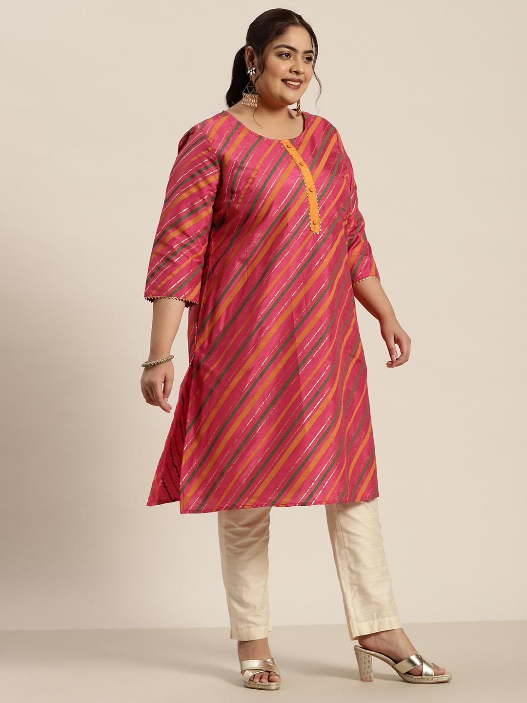 

Sztori Women Plus Size Striped Gotta Patti Kurta, Pink