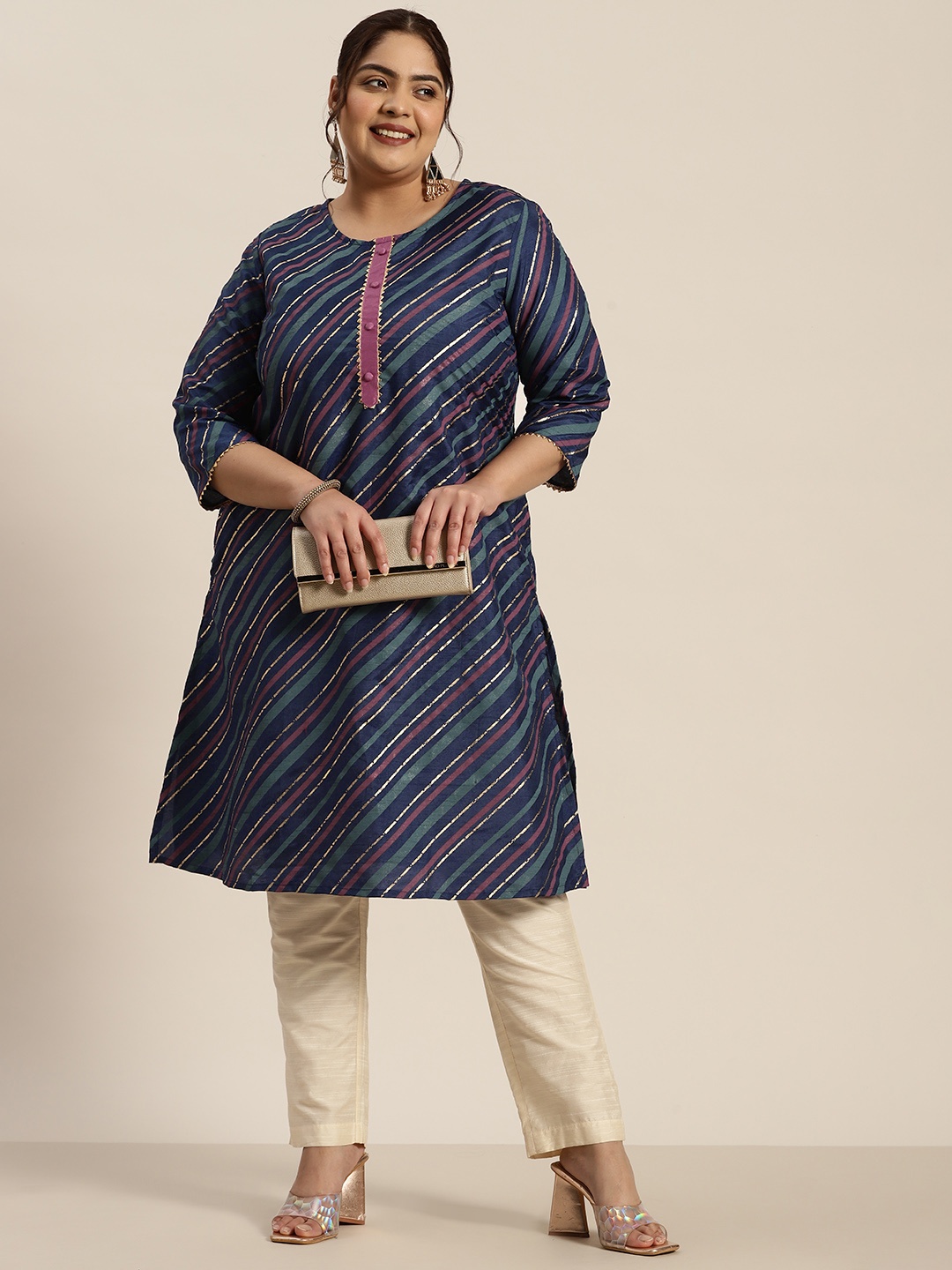 

Sztori Women Plus Size Striped Gotta Patti Kurta, Navy blue