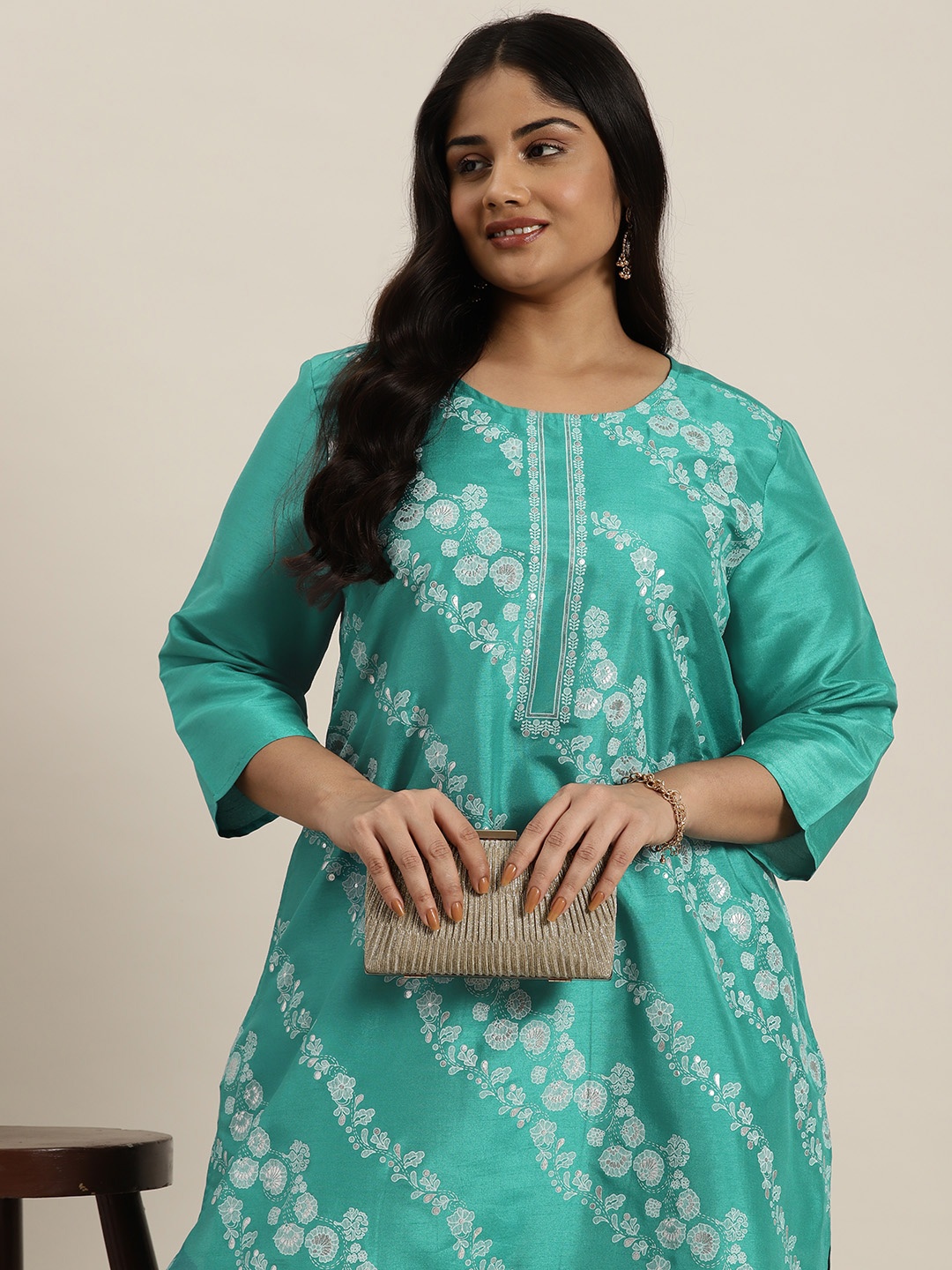 

Sztori Plus Size Floral Print Straight Kurta, Turquoise blue