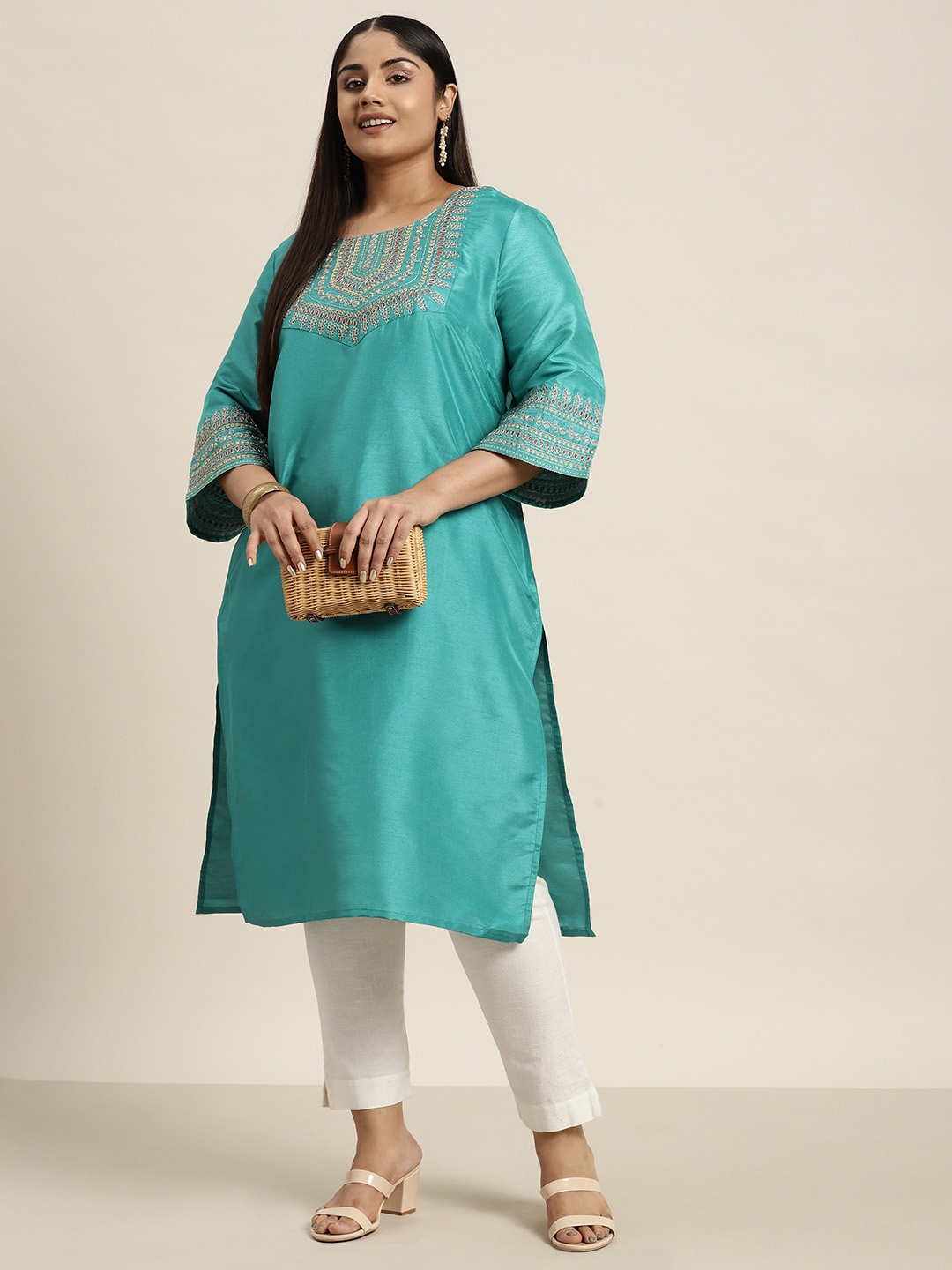 

Sztori Plus Size Ethnic Motifs Yoke Design Kurta, Sea green