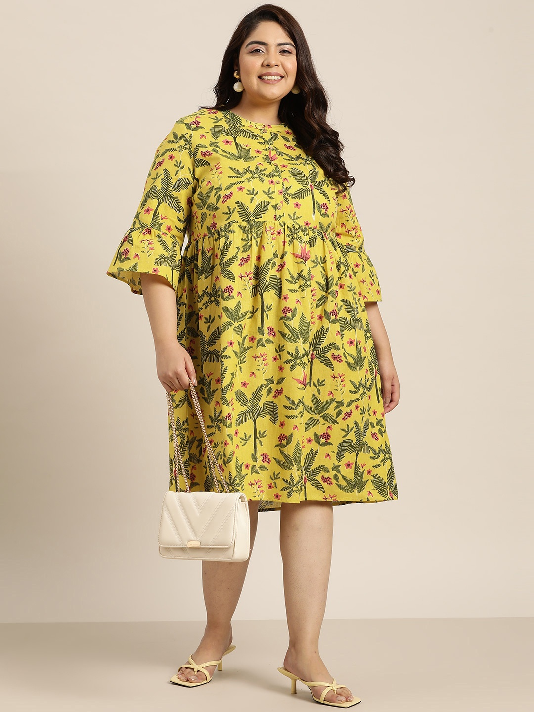 

Sztori Plus Size Printed Midi A-Line Dress, Lime green