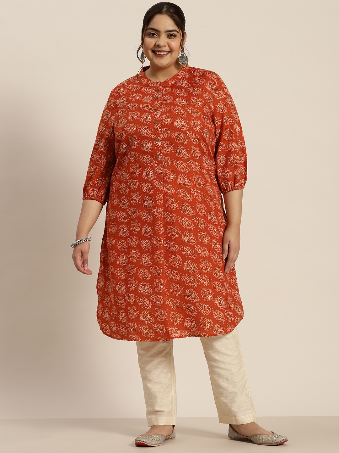 

Sztori Plus Size Floral Print Kurta, Rust