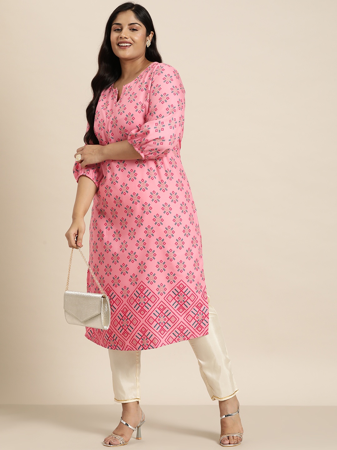 

Sztori Women Printed Puff Sleeves Ethnic Motifs Printed Straight Kurta, Pink