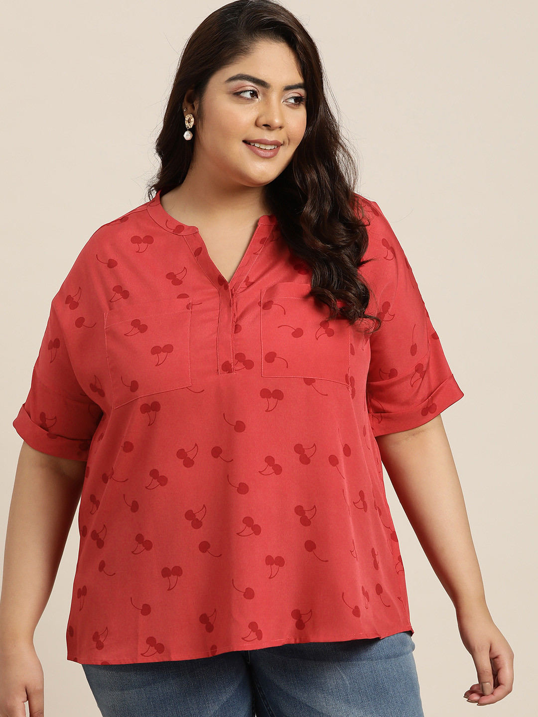 

Sztori Plus Size Printed Extended Sleeves Top, Red