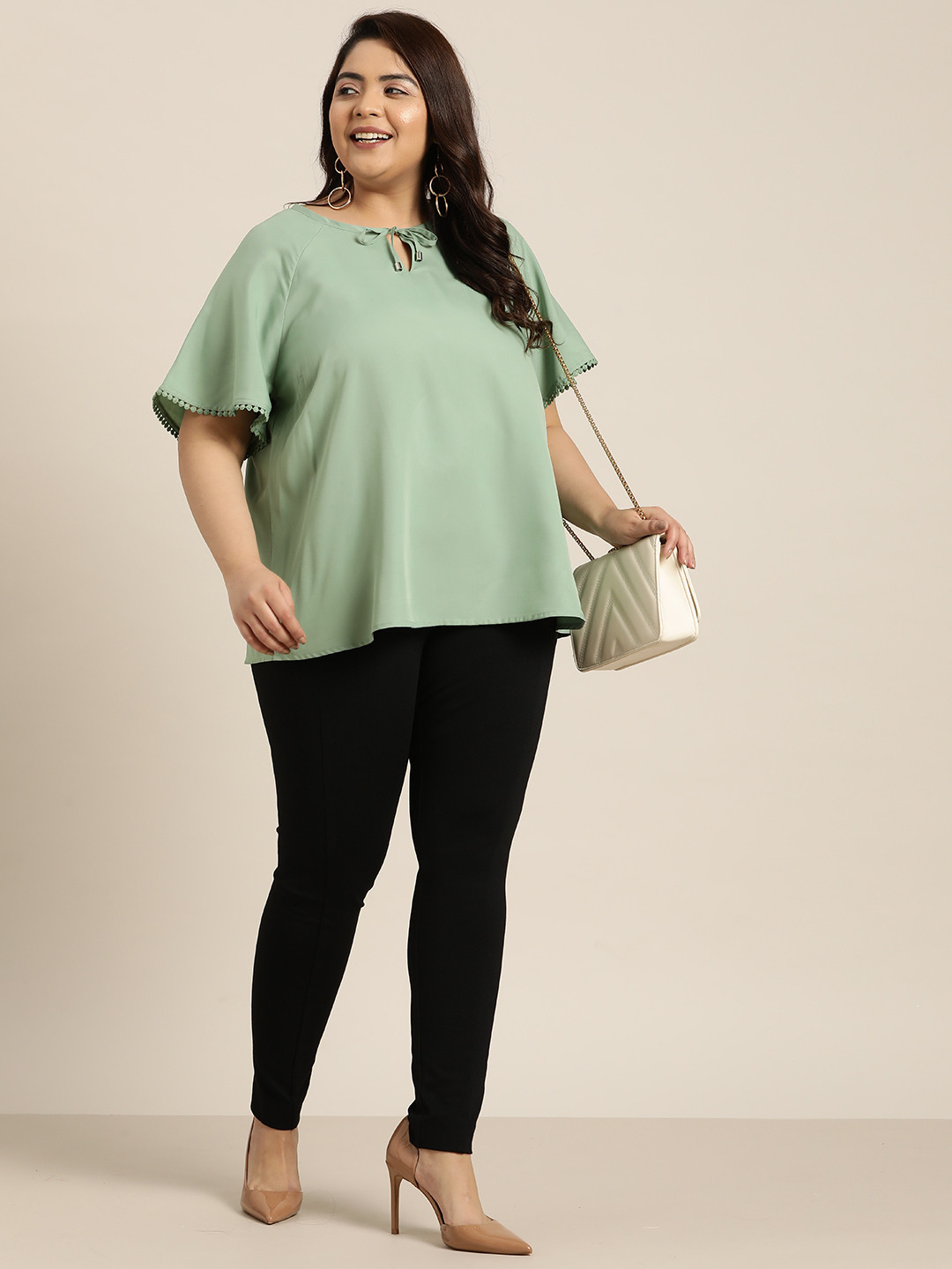 

Sztori Plus Size Tie-Up Neck Flared Sleeves Top, Green
