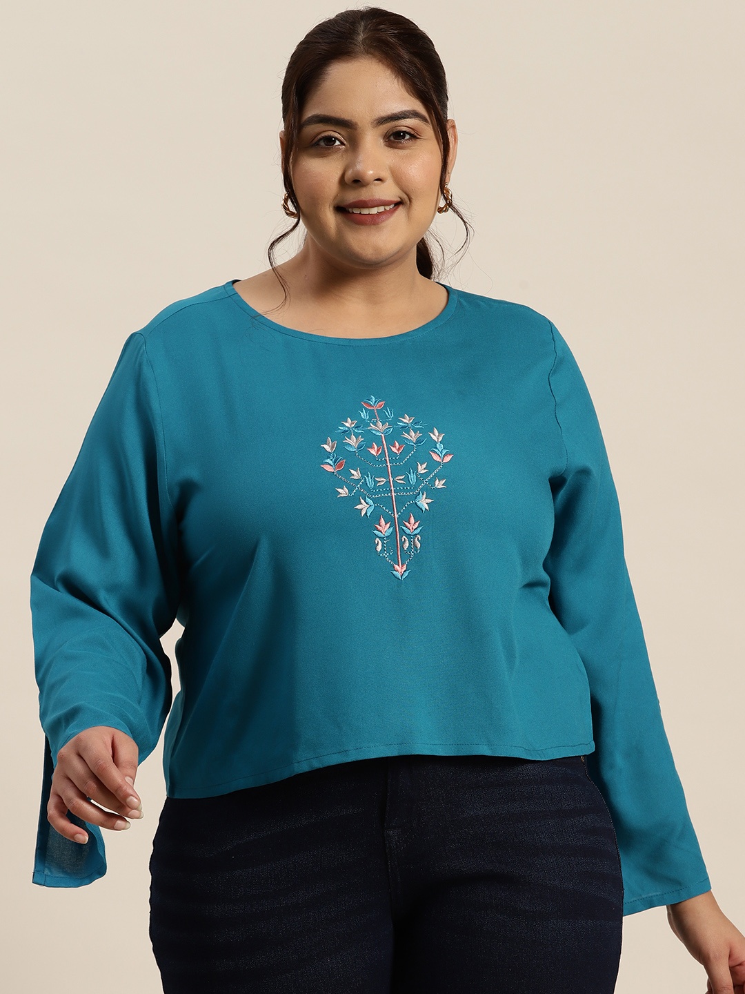 

Sztori Plus Size Embroidered Slit Sleeve Ethnic Top, Blue