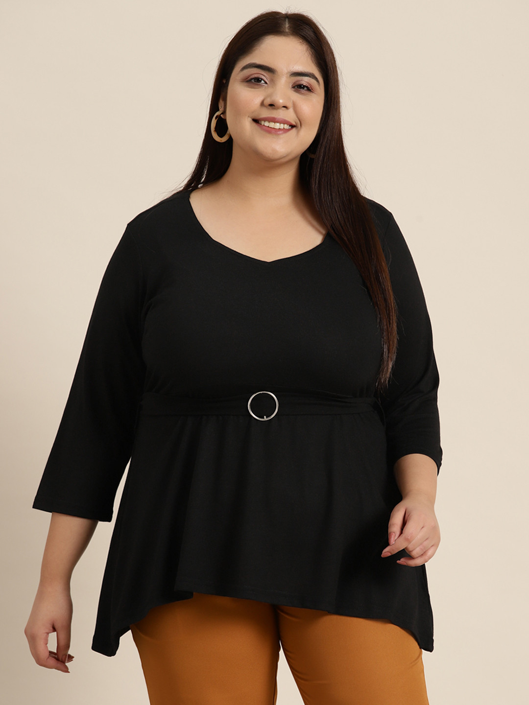 

Sztori Plus Size Longline Top with Belt, Black