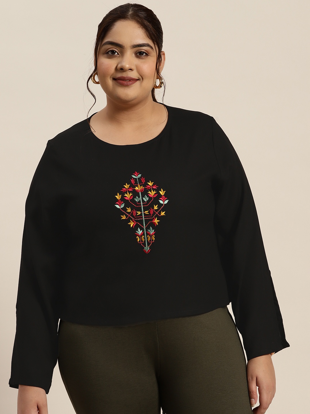 

Sztori Plus Size Embroidered Slit Sleeve Ethnic Top, Black