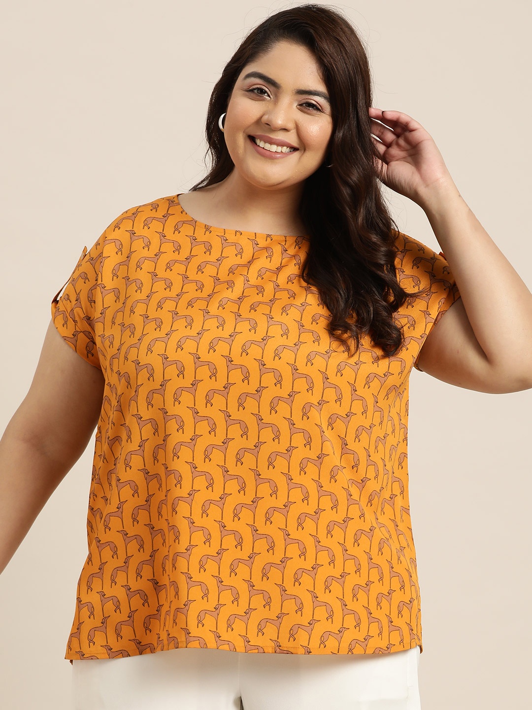 

Sztori Plus Size Printed Roll-Up Sleeves Top, Mustard