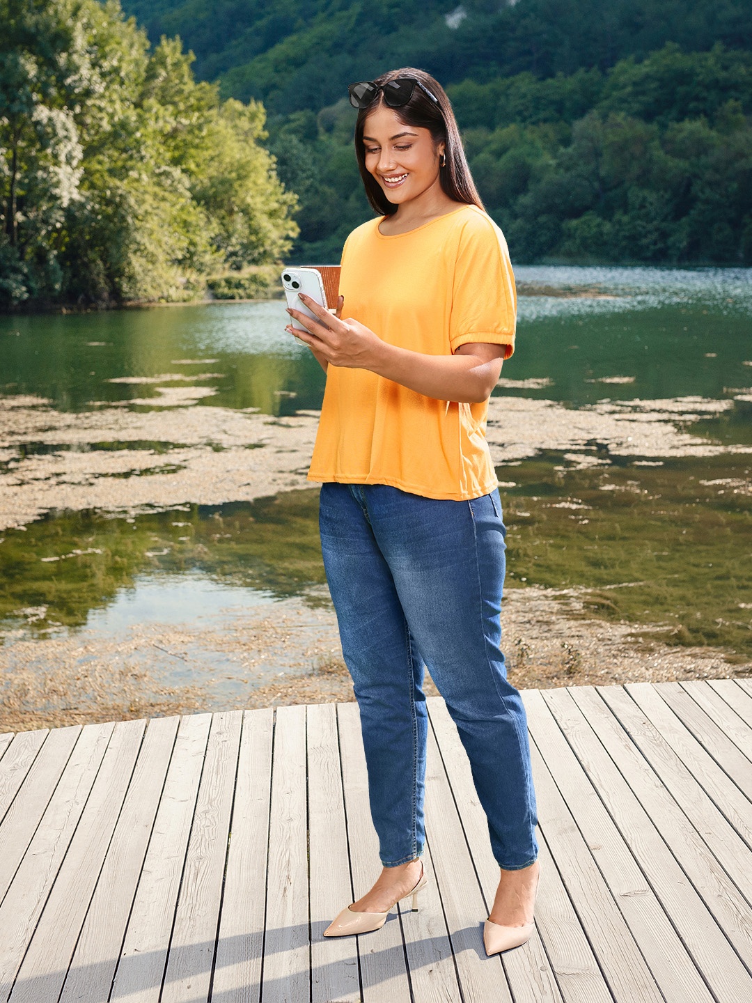 

Sztori Plus Size Puff Sleeves T-shirt, Mustard