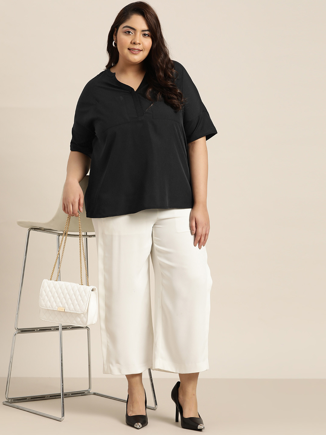 

Sztori Plus Size Mandarin Collar Extended Sleeves Top, Black