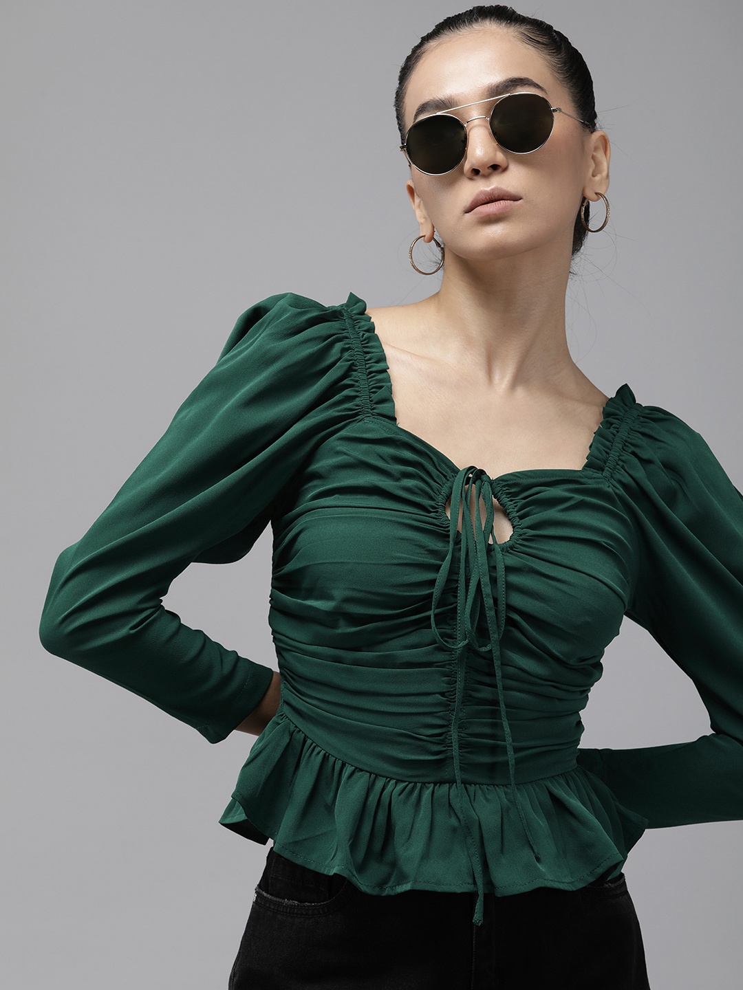 

The Roadster Life Co. Keyhole Neck Smoked Detail Ruched Peplum Top, Green