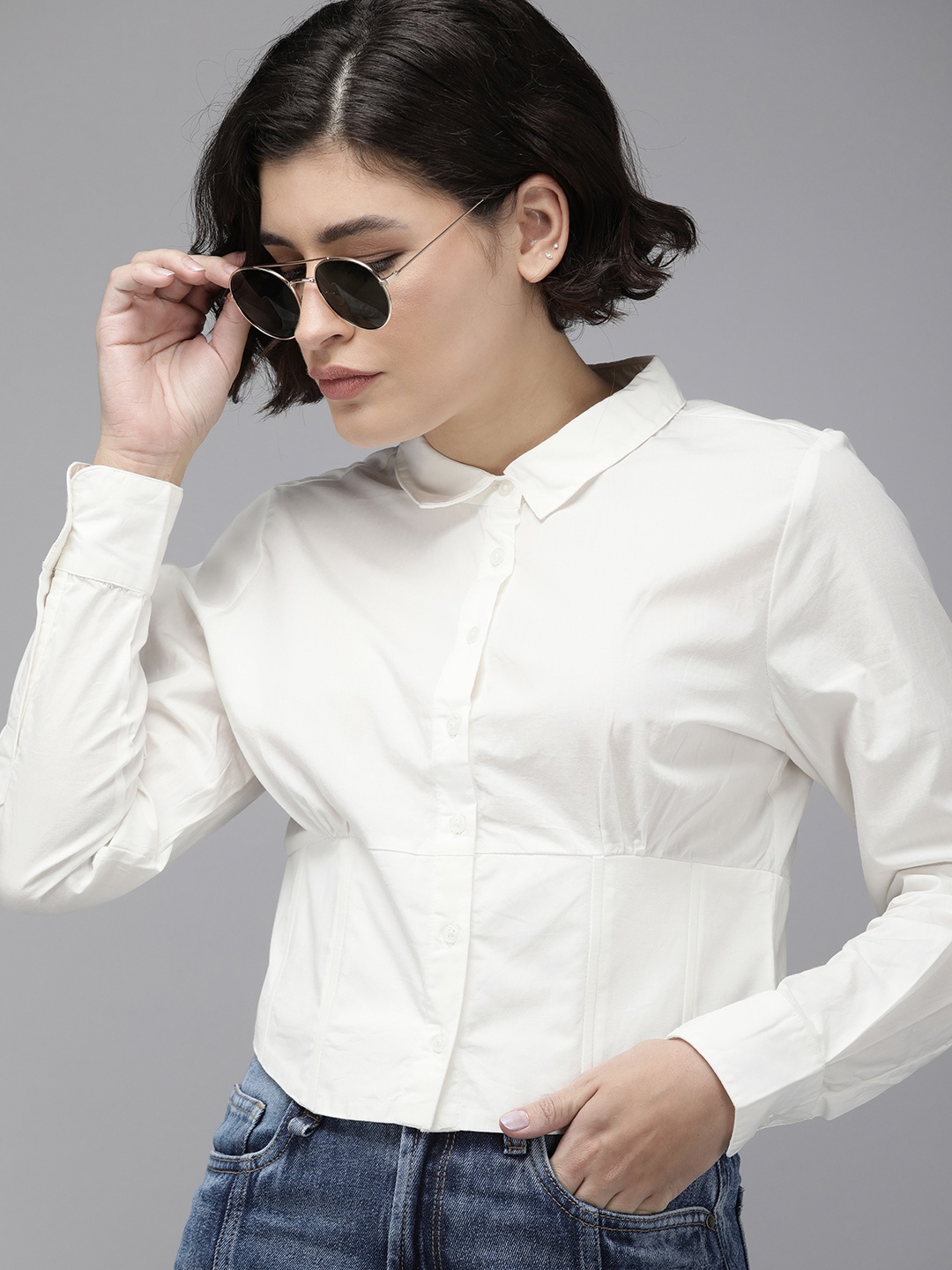 

The Roadster Life Co. Pure Cotton Full Sleeves Corset Detail Casual Shirt, White