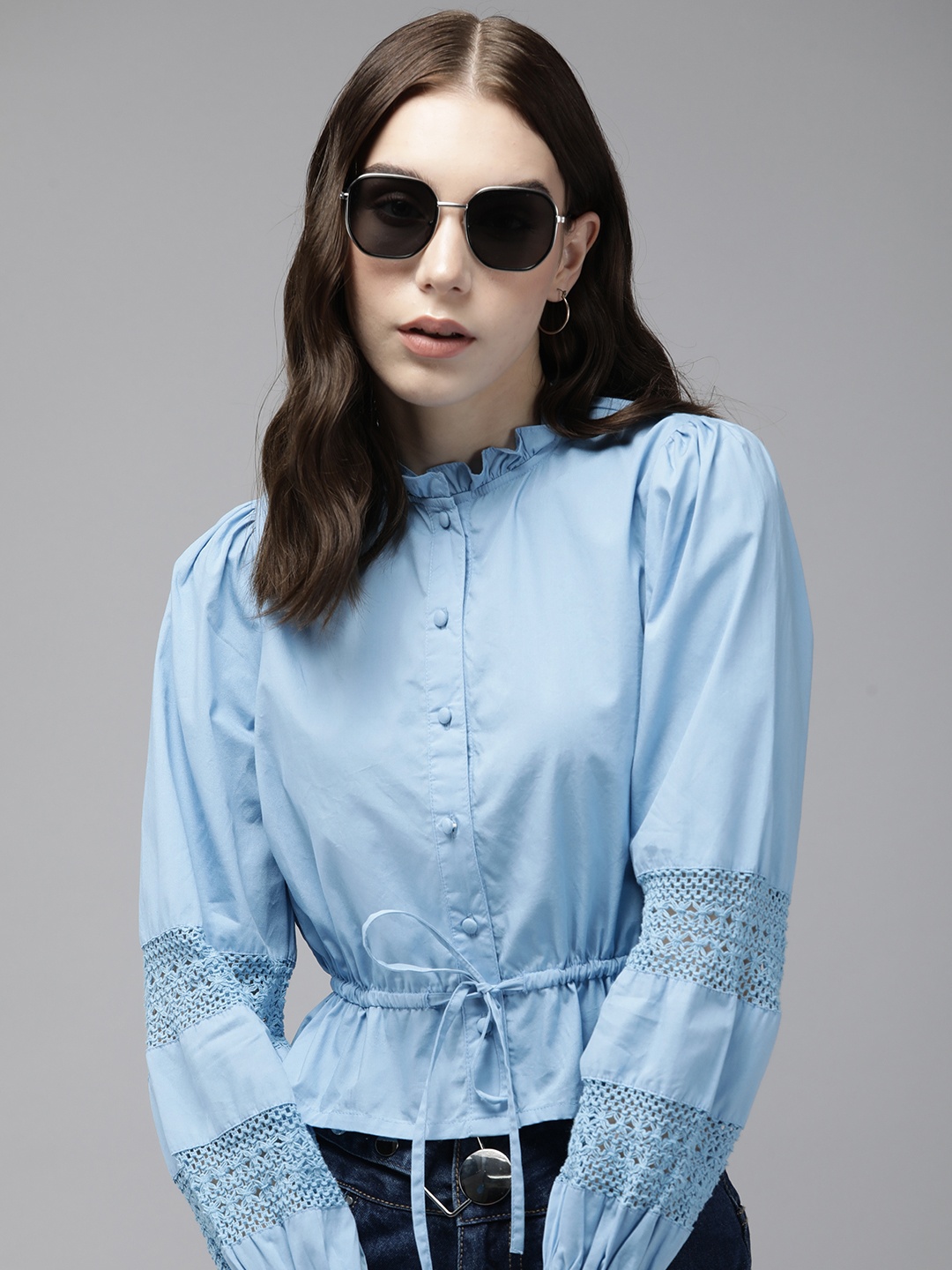 

The Roadster Life Co. Solid With Lace Detail Pure Cotton Casual Shirt, Blue