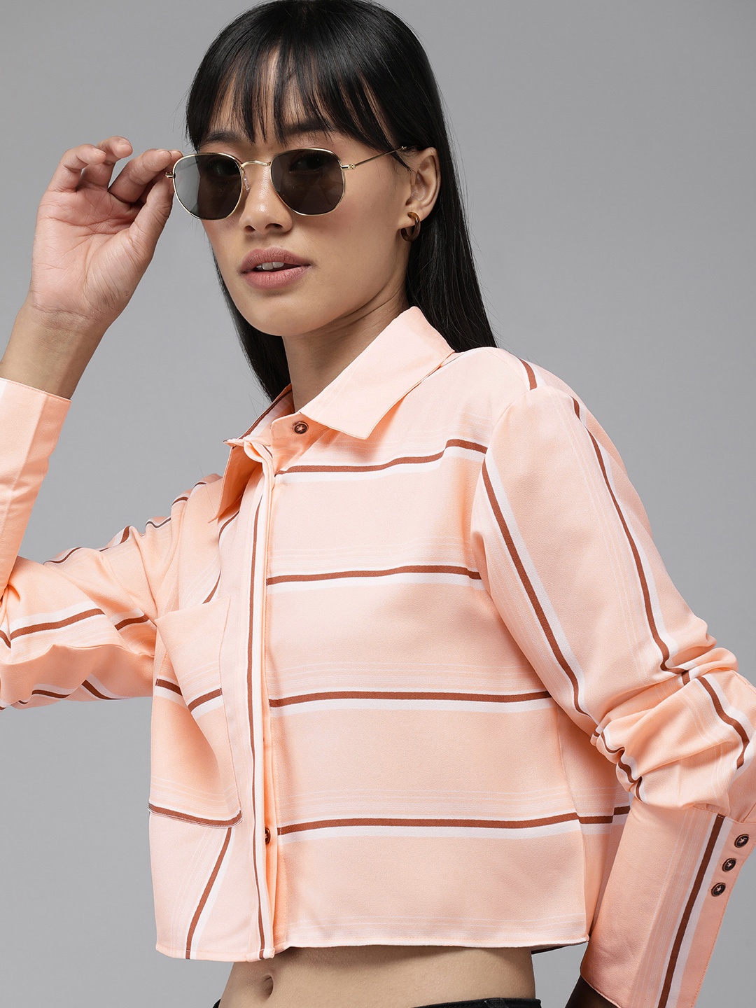 

The Roadster Lifestyle Co. Women Horizontal Stripes Casual Crop Shirt, Peach