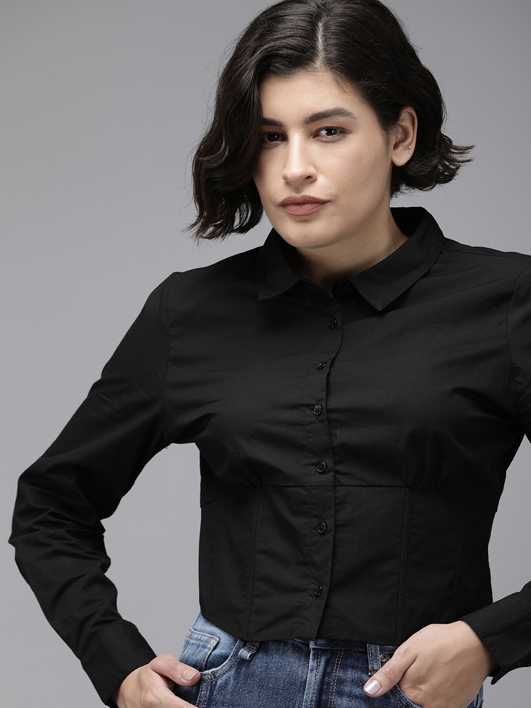 

The Roadster Life Co. Pure Cotton Full Sleeves Corset Detail Casual Shirt, Black