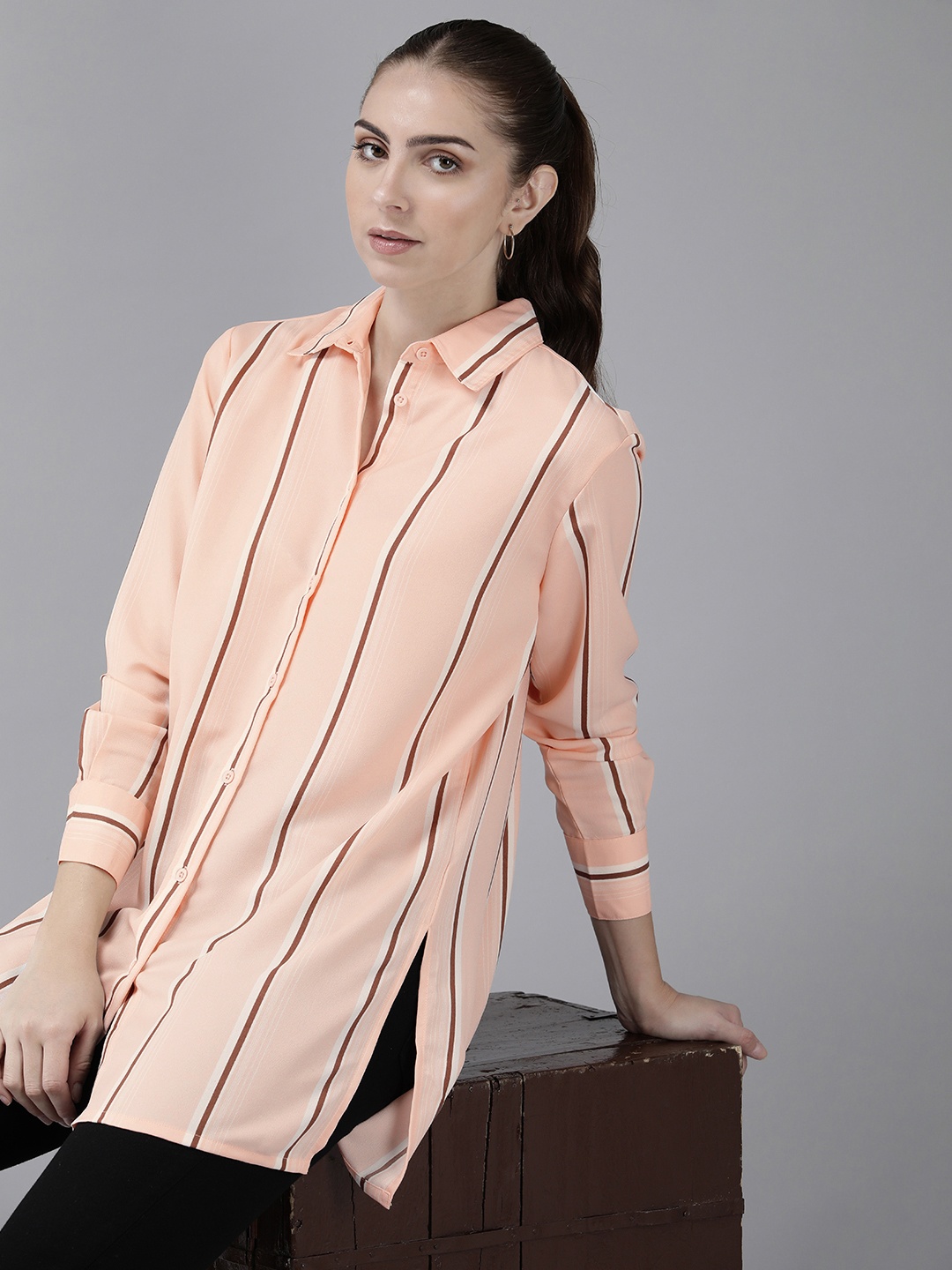 

Roadster Women Multi Stripes Opaque Longline Casual Shirt, Peach